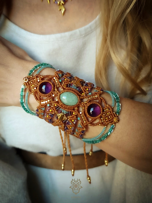 Boho hippie bracelet with Aventurine & Amethyst, Macrame cuff statement piece