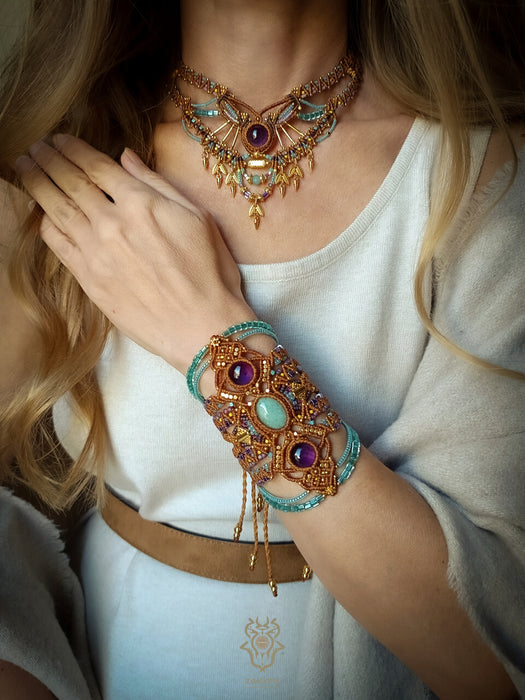 Boho hippie bracelet with Aventurine & Amethyst, Macrame cuff statement piece