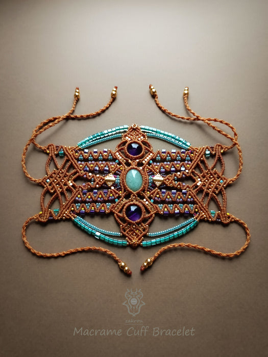 Boho hippie bracelet with Aventurine & Amethyst, Macrame cuff statement piece