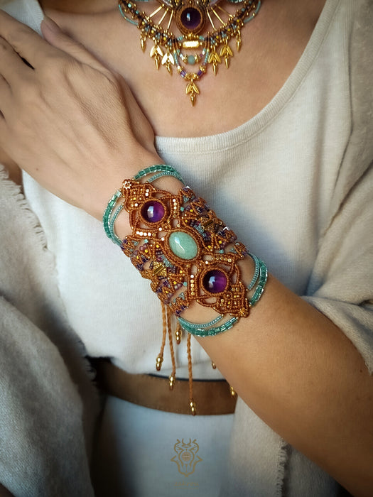 Boho hippie bracelet with Aventurine & Amethyst, Macrame cuff statement piece