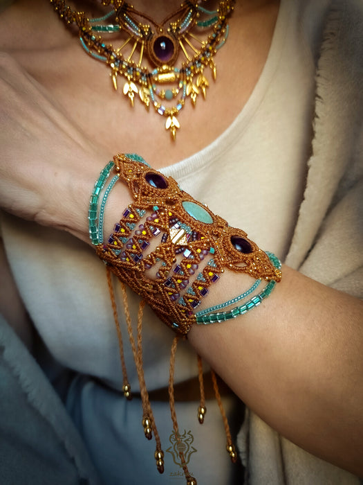 Boho hippie bracelet with Aventurine & Amethyst, Macrame cuff statement piece