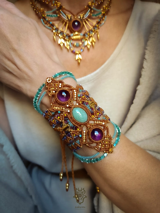 Boho hippie bracelet with Aventurine & Amethyst, Macrame cuff statement piece