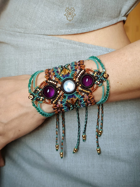 Bohemian macrame bracelet with Moonstone & Amethyst stones, Gypsy jewelry
