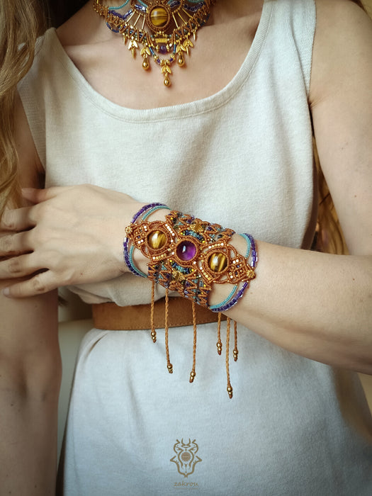 Macrame bohemian bracelet with tiger's eye & amethyst stones, Festival jewelry