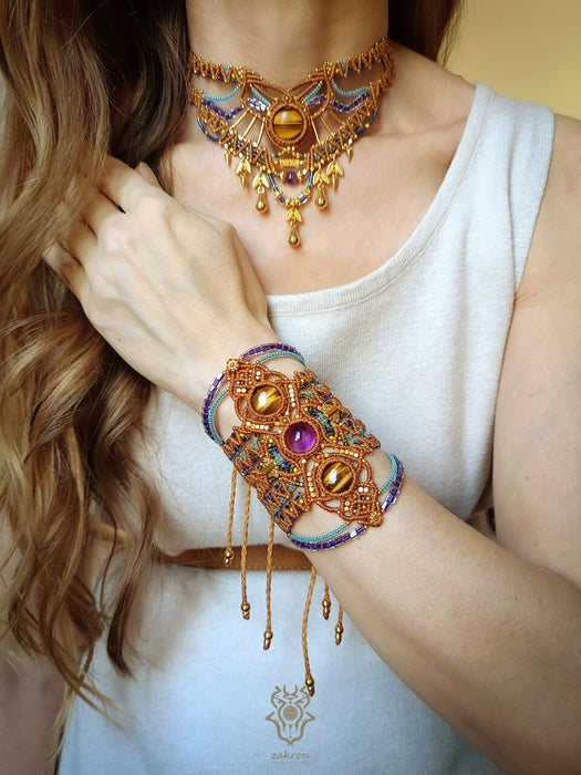 Macrame bohemian bracelet with tiger's eye & amethyst stones, Festival jewelry