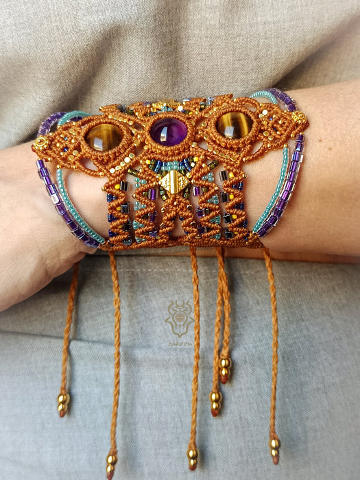 Macrame bohemian bracelet with tiger's eye & amethyst stones, Festival jewelry