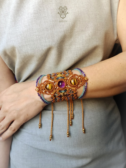 Macrame bohemian bracelet with tiger's eye & amethyst stones, Festival jewelry
