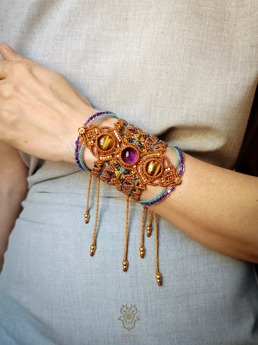 Macrame bohemian bracelet with tiger's eye & amethyst stones, Festival jewelry