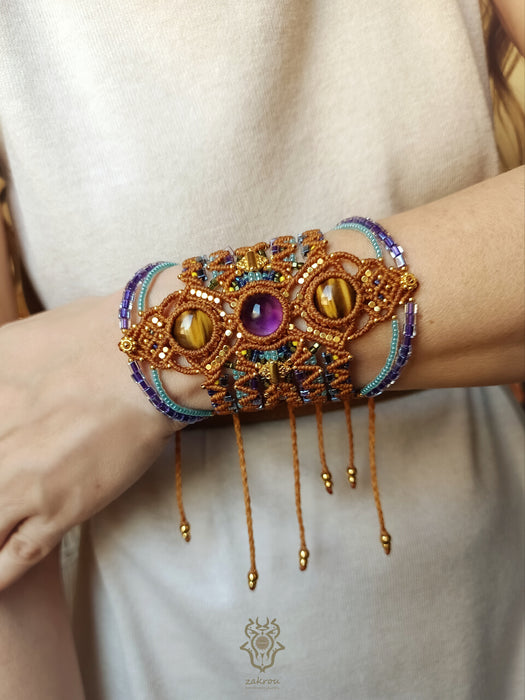 Macrame bohemian bracelet with tiger's eye & amethyst stones, Festival jewelry