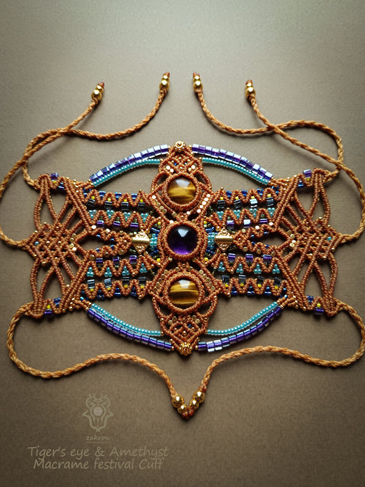Macrame bohemian bracelet with tiger's eye & amethyst stones, Festival jewelry