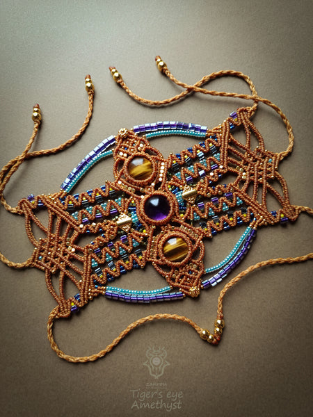 Macrame bohemian bracelet with tiger's eye & amethyst stones, Festival jewelry