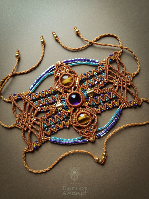 Macrame bohemian bracelet with tiger's eye & amethyst stones, Festival jewelry