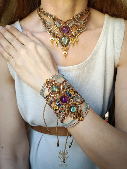 Labradorite & Amethyst macrame cuff bracelet, Boho hippie bracelet