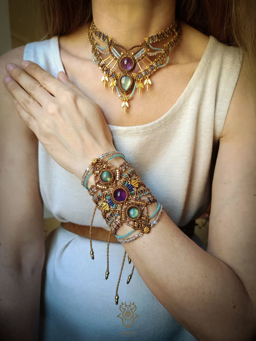 Labradorite & Amethyst macrame cuff bracelet, Boho hippie bracelet