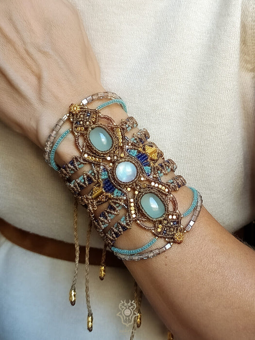 Moonstone Aquamarine macrame tribal bracelet, Native American party jewel