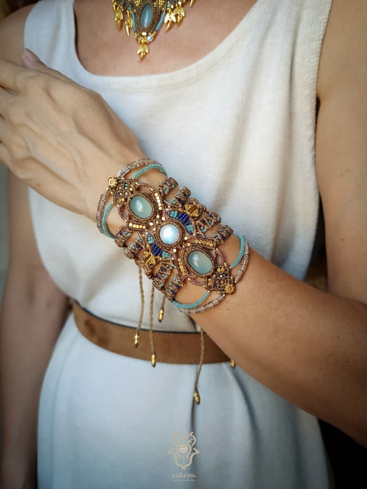 Moonstone Aquamarine macrame tribal bracelet, Native American party jewel