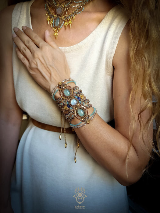 Moonstone Aquamarine macrame tribal bracelet, Native American party jewel