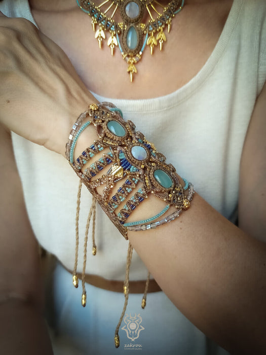 Moonstone Aquamarine macrame tribal bracelet, Native American party jewel