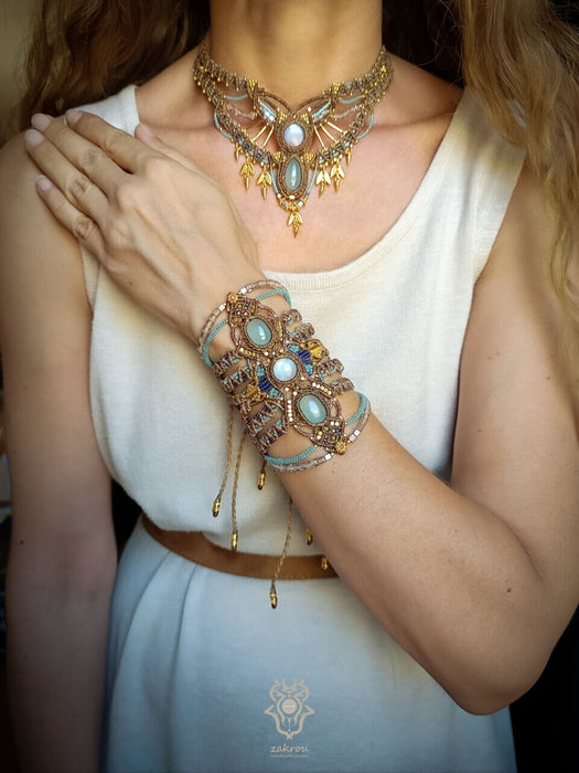Moonstone Aquamarine macrame tribal bracelet, Native American party jewel