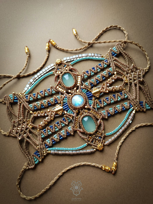 Moonstone Aquamarine macrame tribal bracelet, Native American party jewel