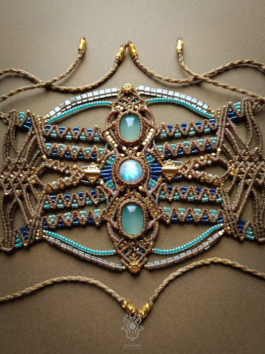 Moonstone Aquamarine macrame tribal bracelet, Native American party jewel