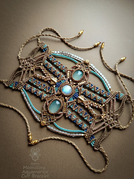 Moonstone Aquamarine macrame tribal bracelet, Native American party jewel