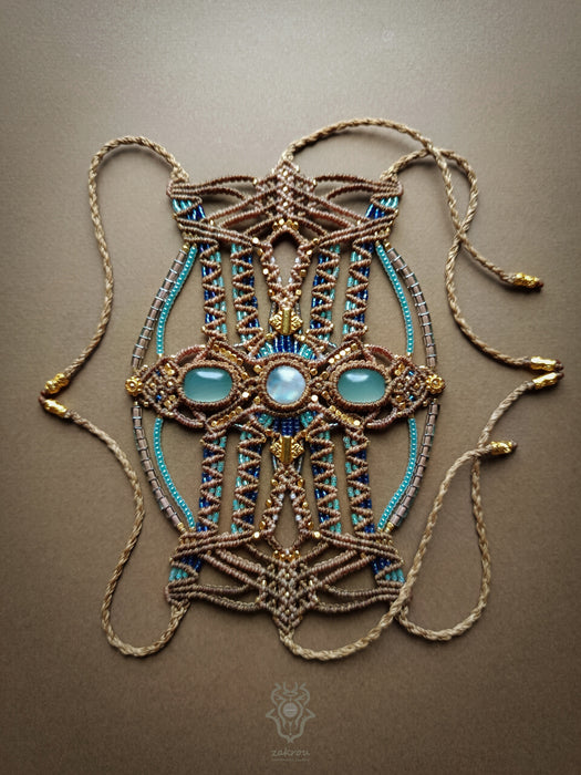 Moonstone Aquamarine macrame tribal bracelet, Native American party jewel