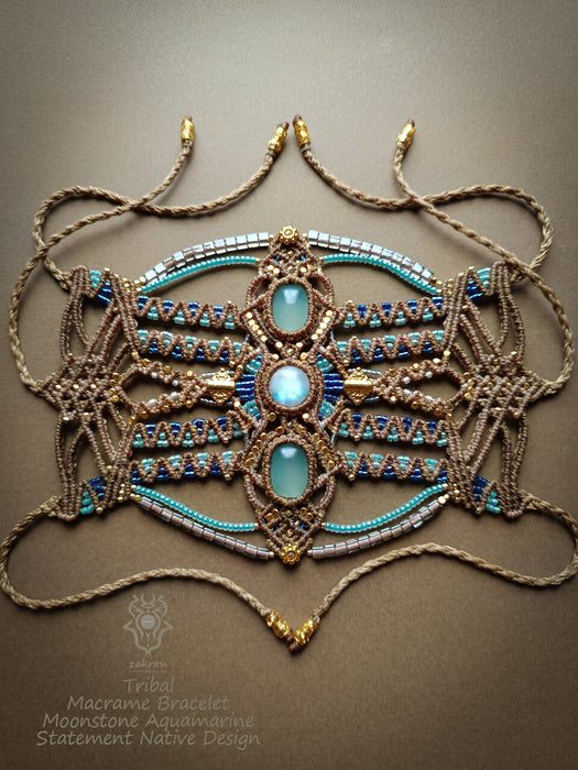 Moonstone Aquamarine macrame tribal bracelet, Native American party jewel