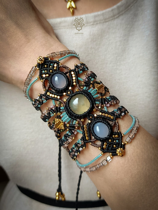 Macrame tribal bracelet with Chalcedony & Prehnite, Bohemian chic macrame bracelet