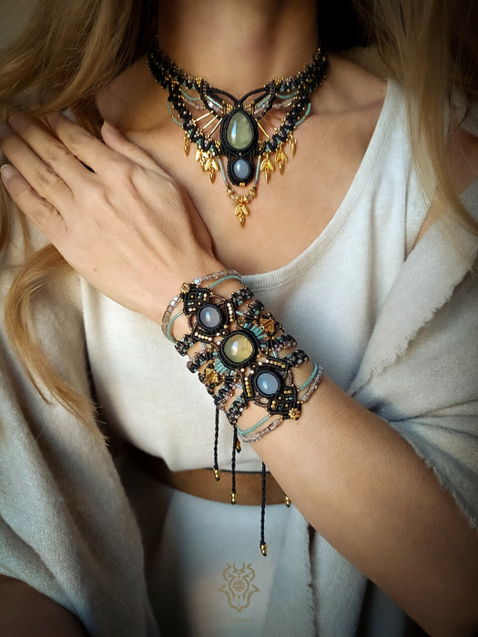 Macrame tribal bracelet with Chalcedony & Prehnite, Bohemian chic macrame bracelet
