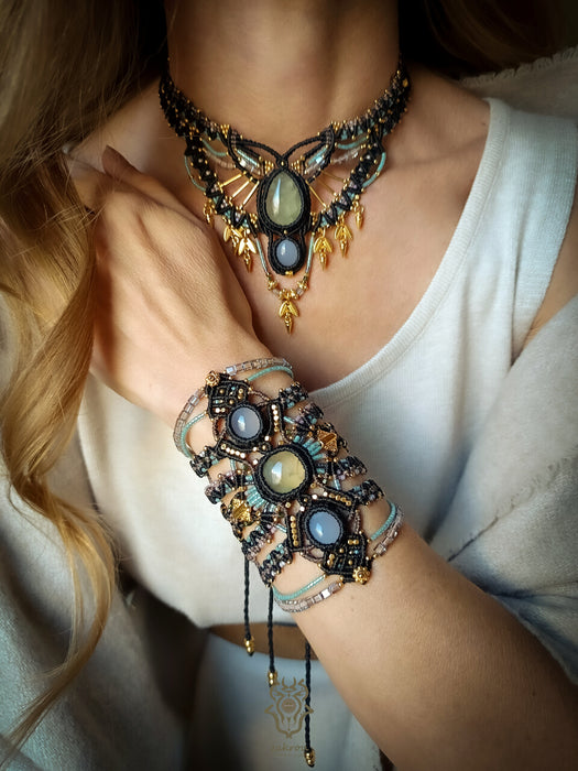 Macrame tribal bracelet with Chalcedony & Prehnite, Bohemian chic macrame bracelet