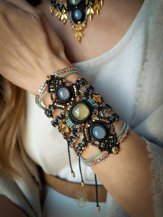 Macrame tribal bracelet with Chalcedony & Prehnite, Bohemian chic macrame bracelet