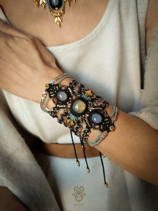 Macrame tribal bracelet with Chalcedony & Prehnite, Bohemian chic macrame bracelet
