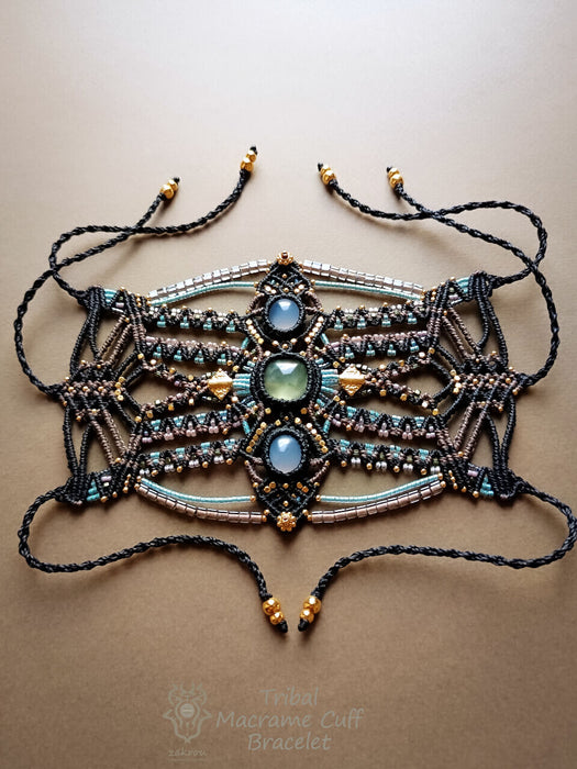 Macrame tribal bracelet with Chalcedony & Prehnite, Bohemian chic macrame bracelet