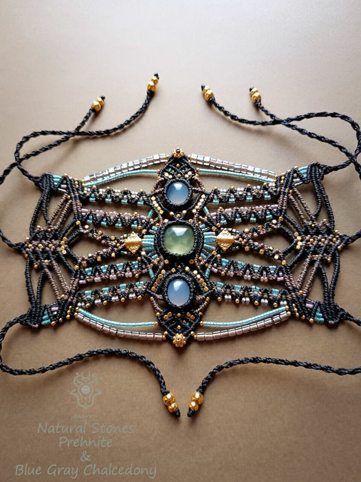 Macrame tribal bracelet with Chalcedony & Prehnite, Bohemian chic macrame bracelet