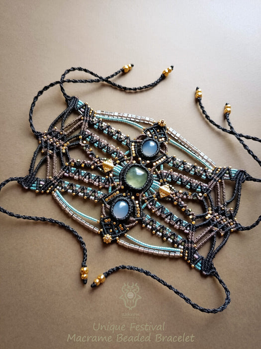 Macrame tribal bracelet with Chalcedony & Prehnite, Bohemian chic macrame bracelet