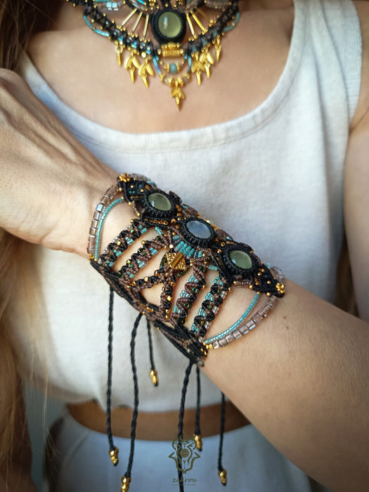 Macrame tribal bracelet with Moonstone & Prehnite, Festival macrame cuff