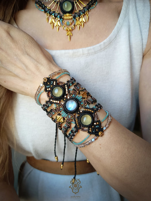Macrame tribal bracelet with Moonstone & Prehnite, Festival macrame cuff