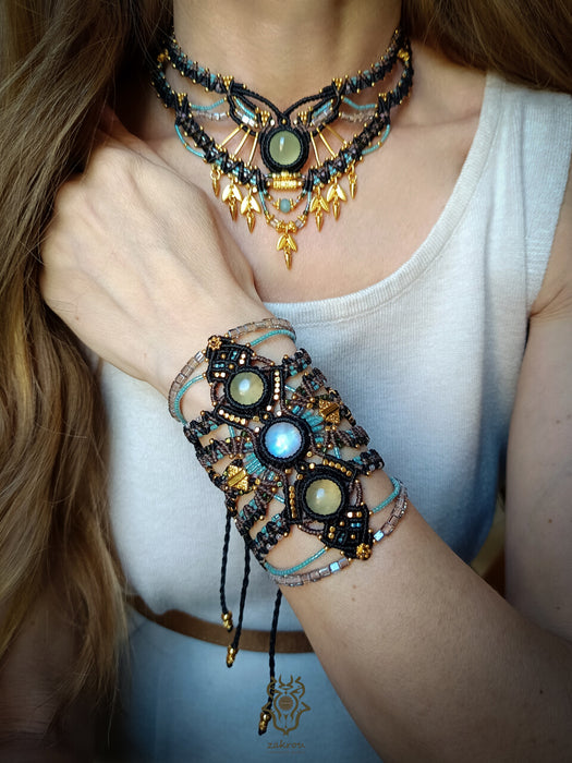 Macrame tribal bracelet with Moonstone & Prehnite, Festival macrame cuff