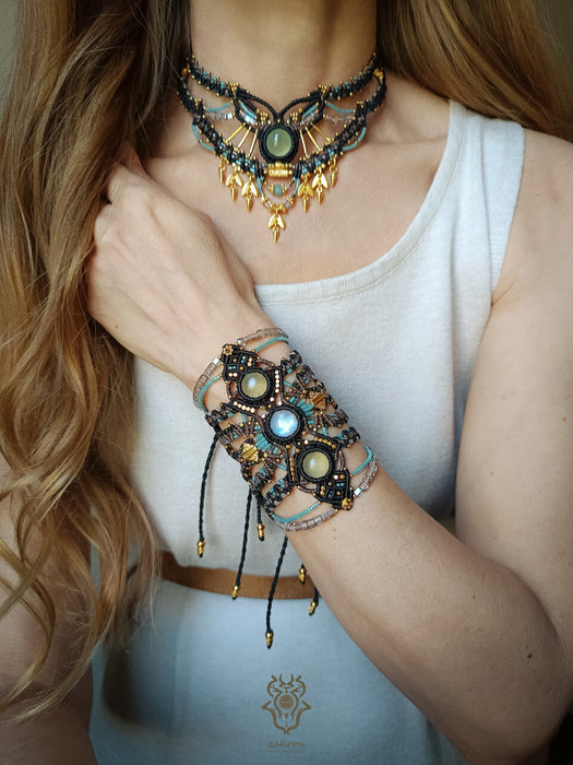 Macrame tribal bracelet with Moonstone & Prehnite, Festival macrame cuff