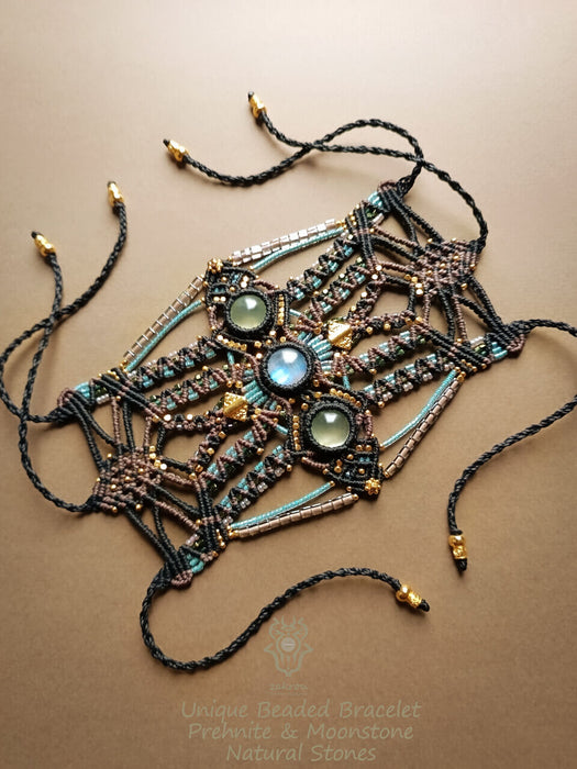 Macrame tribal bracelet with Moonstone & Prehnite, Festival macrame cuff