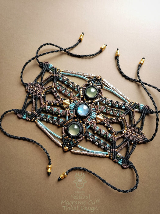 Macrame tribal bracelet with Moonstone & Prehnite, Festival macrame cuff