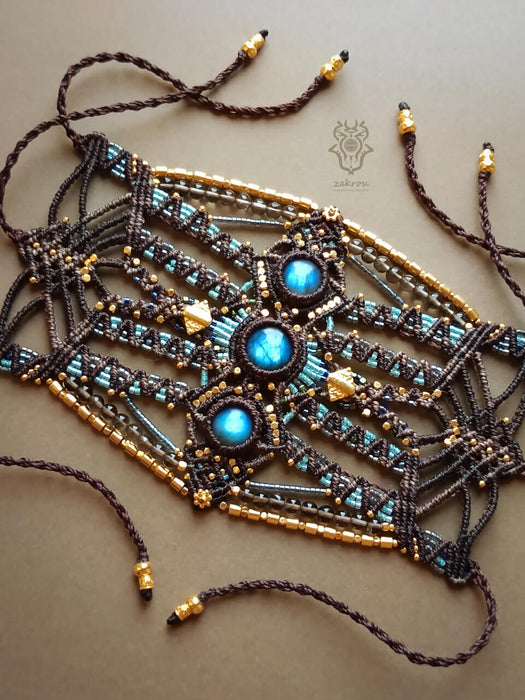 Labradorite macrame bracelet with smoky Quartz beads, Festival cuff tribal style