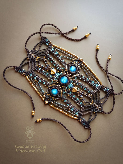 Labradorite macrame bracelet with smoky Quartz beads, Festival cuff tribal style