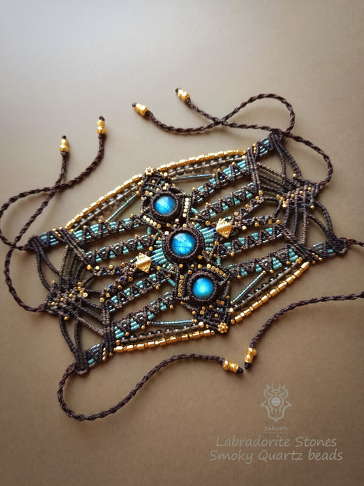 Labradorite macrame bracelet with smoky Quartz beads, Festival cuff tribal style