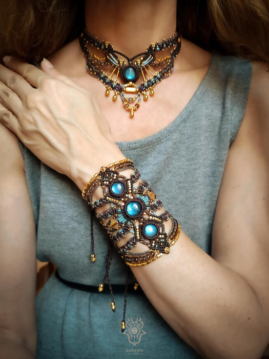 Labradorite macrame bracelet with smoky Quartz beads, Festival cuff tribal style