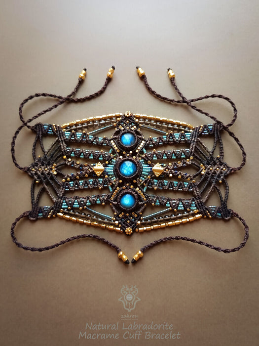 Labradorite macrame bracelet with smoky Quartz beads, Festival cuff tribal style