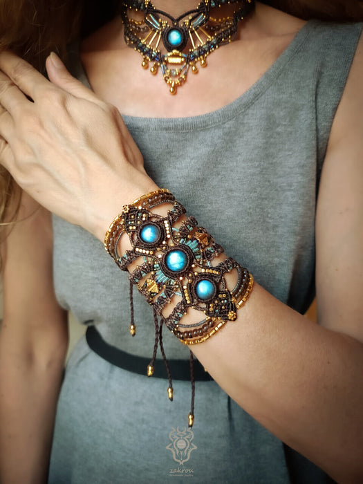 Labradorite macrame bracelet with smoky Quartz beads, Festival cuff tribal style