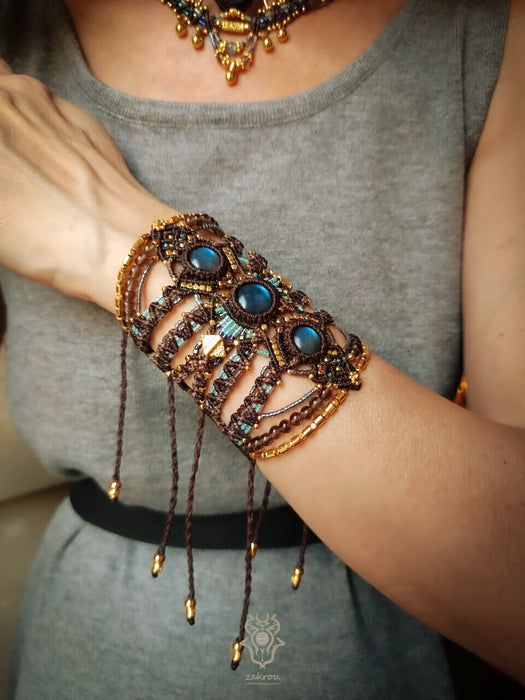 Labradorite macrame bracelet with smoky Quartz beads, Festival cuff tribal style