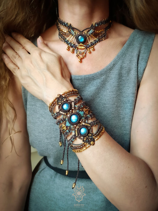 Labradorite macrame bracelet with smoky Quartz beads, Festival cuff tribal style